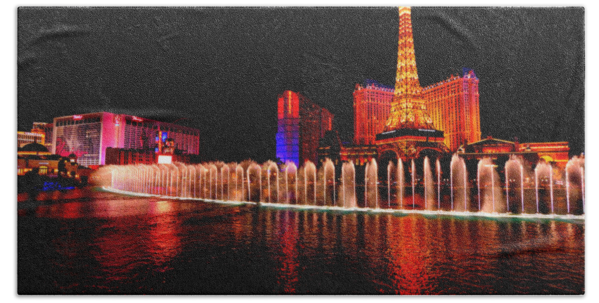 Bellagio Bath Towel featuring the photograph Bellagio Fountain Show at Night by Greg Norrell