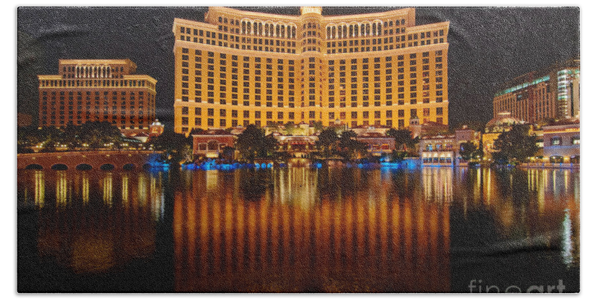 Bellagio Hand Towel featuring the photograph Bellagio Hotel and Casino at night by Jamie Pham