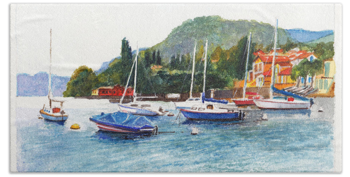 Yachts Hand Towel featuring the painting Bellagio Yachts on Lago di Lecco by Dai Wynn