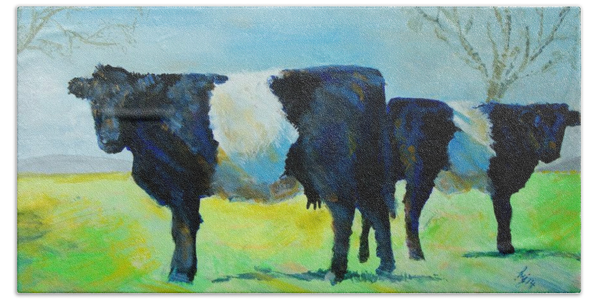 Belted Bath Towel featuring the painting Belted Galloway Cows by Mike Jory