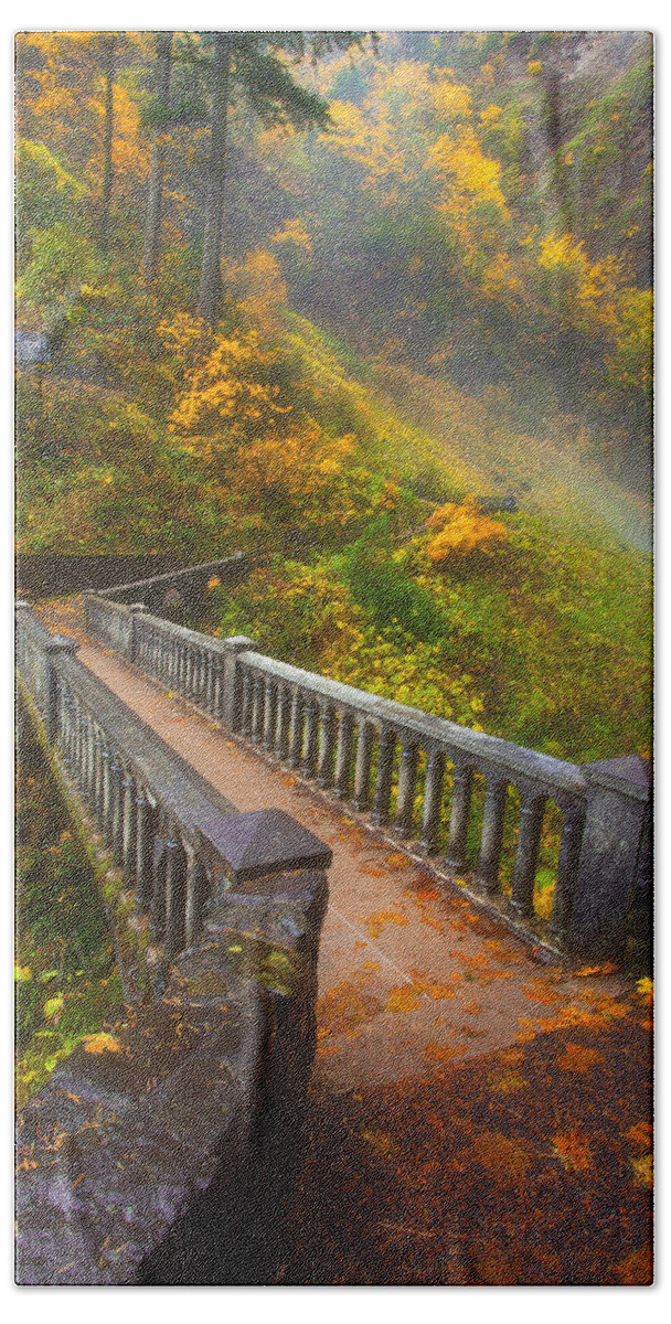 Footbridge Bath Sheet featuring the photograph Benson Bridge Fall Colors by Darren White