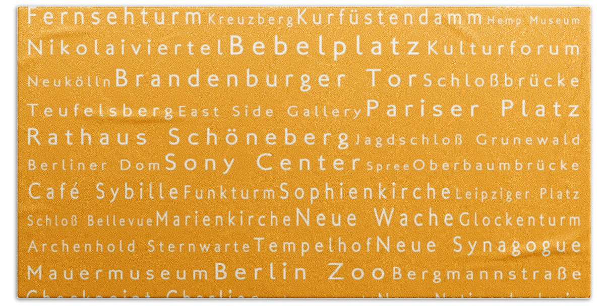 City Bath Towel featuring the digital art Berlin in Words Orange by Sabine Jacobs