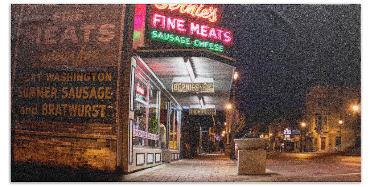 Bernies Hand Towel featuring the photograph Bernies Fine Meats Signage by James Meyer