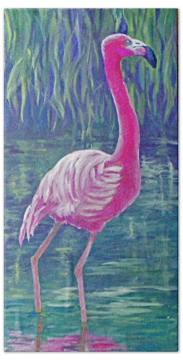 Bird Hand Towel featuring the painting Beta's Flamingo by Harriett Masterson