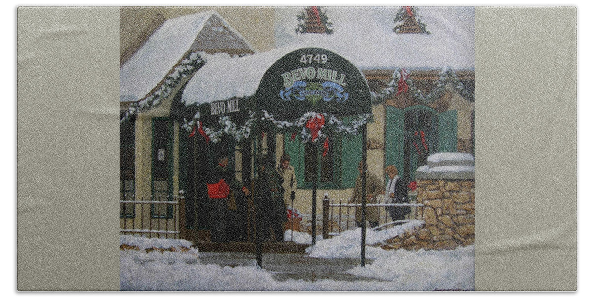 Don Langeneckert Hand Towel featuring the painting Bevo Mill Entrance by Don Langeneckert