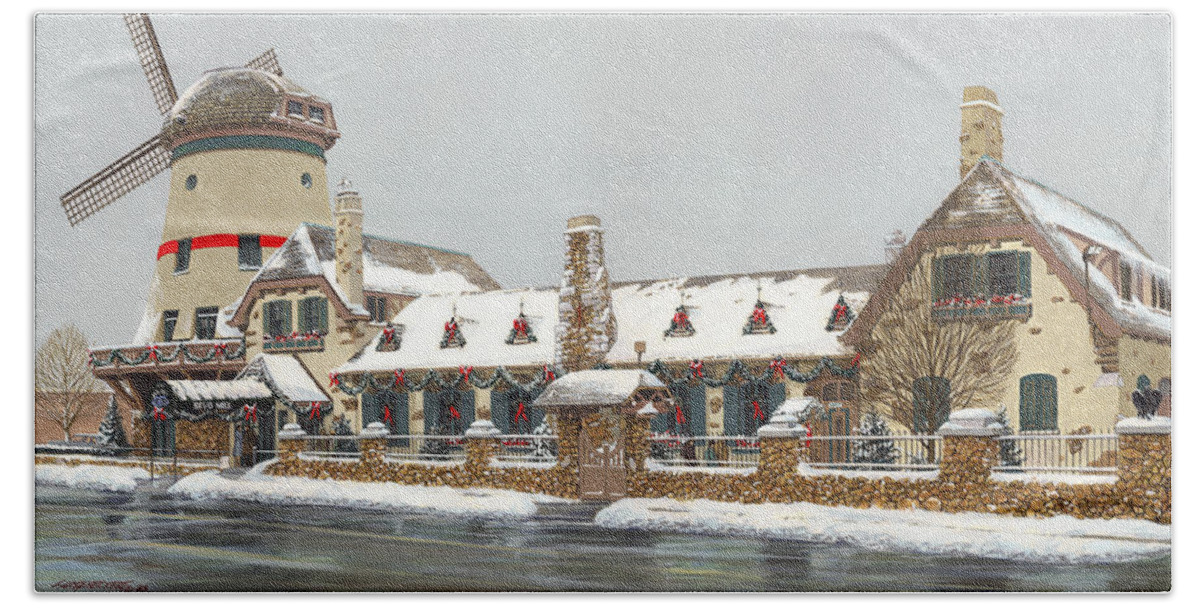 Don Langeneckert Hand Towel featuring the painting Bevo Mill Side View Christmas by Don Langeneckert