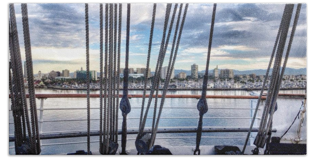 Queen Mary Ship Deck View Long Beach California Landscape Bath Sheet featuring the photograph Beyond Queen Rope by Susan Garren