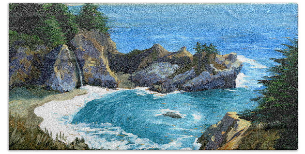 Seascape Bath Towel featuring the painting Big Sur Waterfall by Alice Leggett