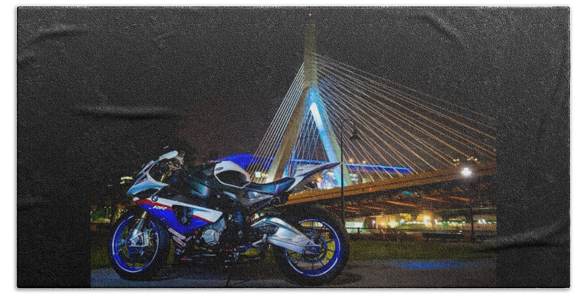 Motorcycle Bath Towel featuring the photograph Bike and bridge by Lawrence Christopher