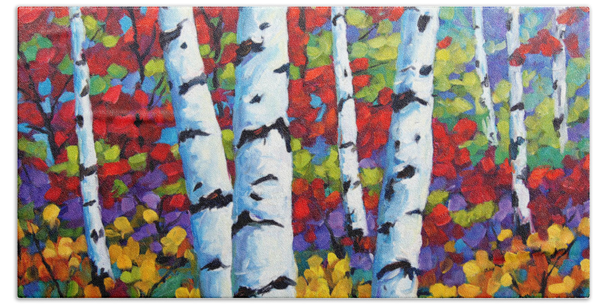 Canadian Landscape Created By Richard T Pranke Bath Towel featuring the painting Birches in abstract by Prankearts by Richard T Pranke