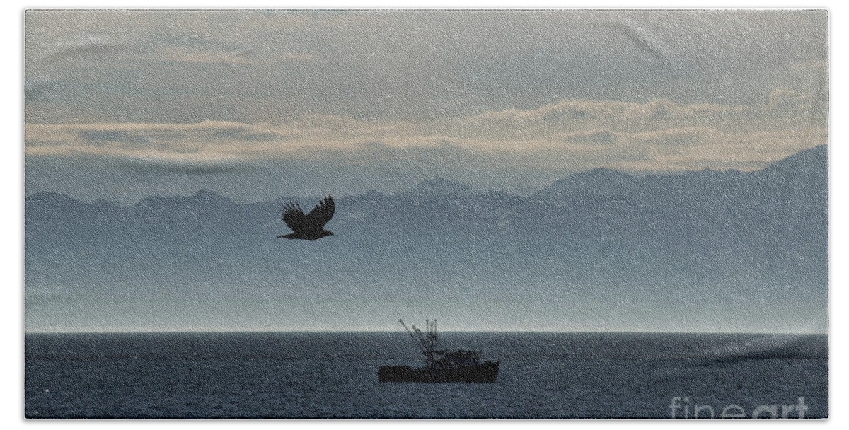  Bath Towel featuring the photograph Bird Boat and Mountains by David Arment