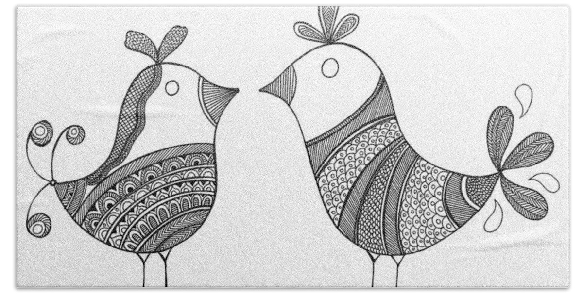 Neeti Goswami Bath Towel featuring the drawing Bird Love Birds by MGL Meiklejohn Graphics Licensing