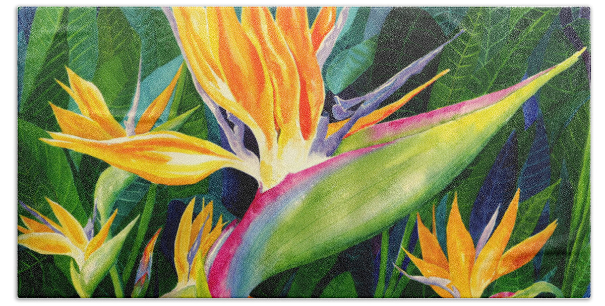Flower Paintings Bath Sheet featuring the painting Bird-of-Paradise by Janis Grau