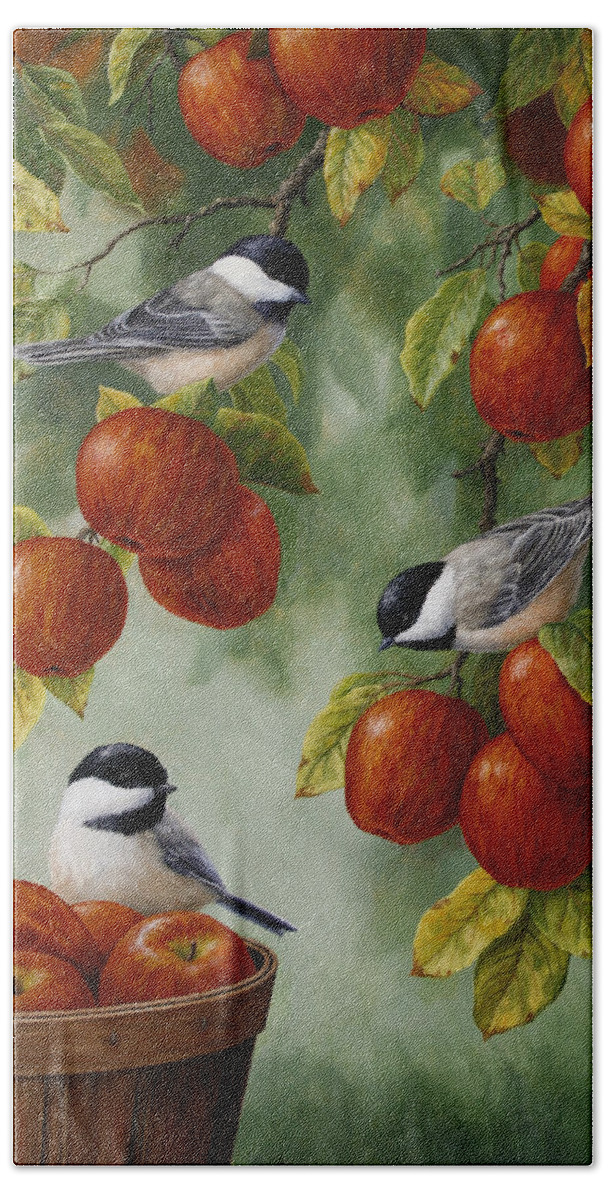 Birds Bath Towel featuring the painting Bird Painting - Apple Harvest Chickadees by Crista Forest