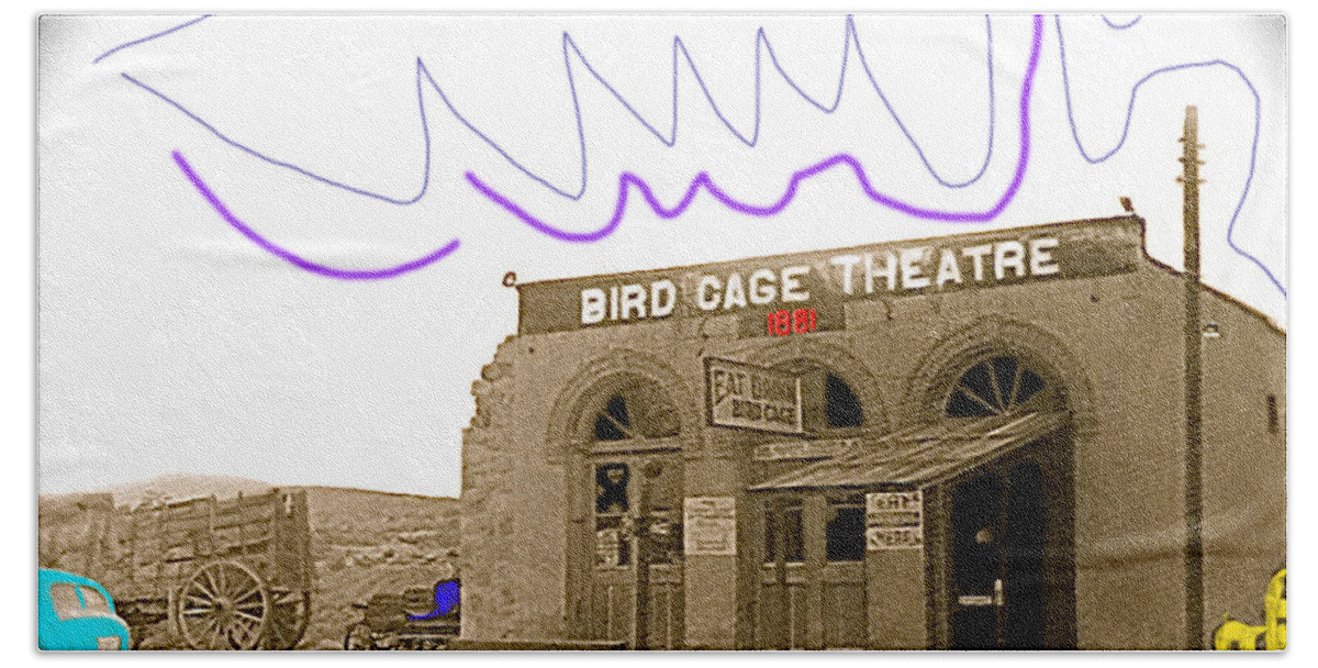 Birdcage Theater Number 1 Tombstone Arizona C.1934 Sepia Toned Color Drawing Added Miniature Vignetted Bath Towel featuring the photograph Birdcage Theater number 1 Tombstone Arizona c.1934-2008 by David Lee Guss