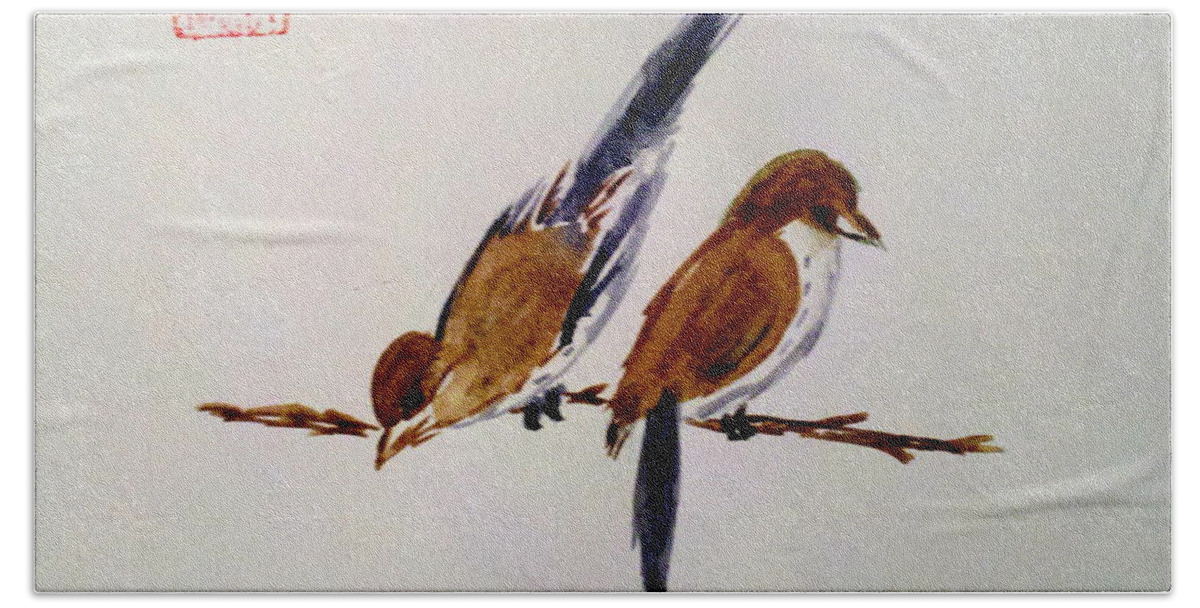 Birds On A Branch Bath Towel featuring the painting Birds of a Feather by Margaret Welsh Willowsilk