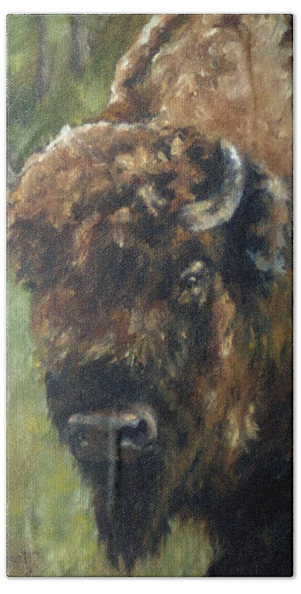 Lori Brackett Bath Towel featuring the painting Bison Study - Zero Three by Lori Brackett