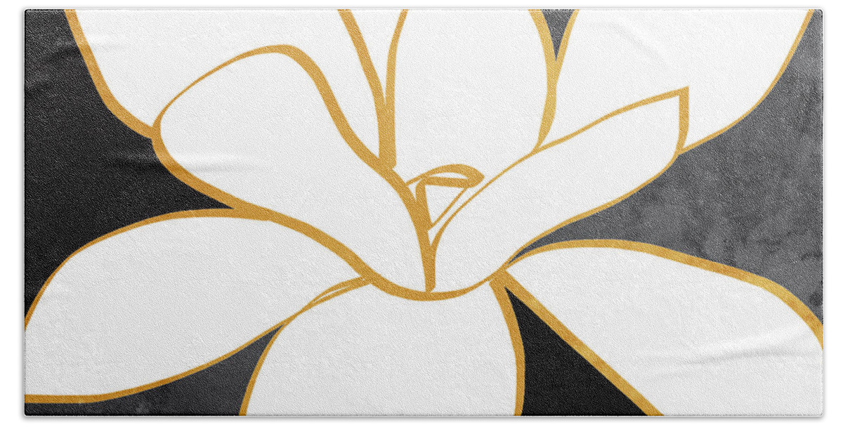 Magnolia Bath Sheet featuring the painting Black and Gold Magnolia- floral art by Linda Woods