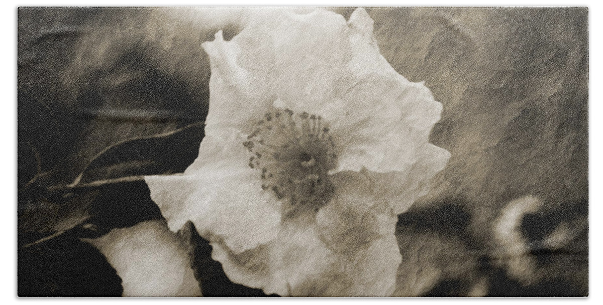 Abstract Bath Towel featuring the photograph Black and White Flower with texture by Maggy Marsh