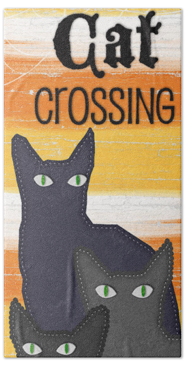 Cat Hand Towel featuring the painting Black Cat Crossing by Linda Woods