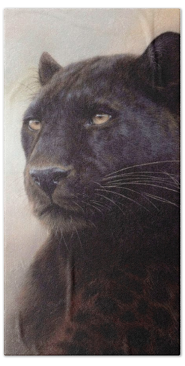 Black Leopard Hand Towel featuring the painting Black Leopard Painting by Rachel Stribbling