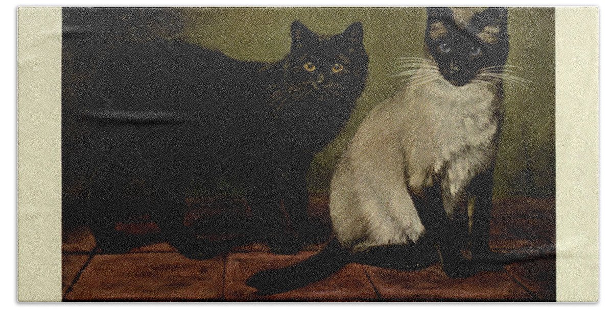 Manx Bath Sheet featuring the painting Black Manx and Royal Siamese Cats by Philip Ralley