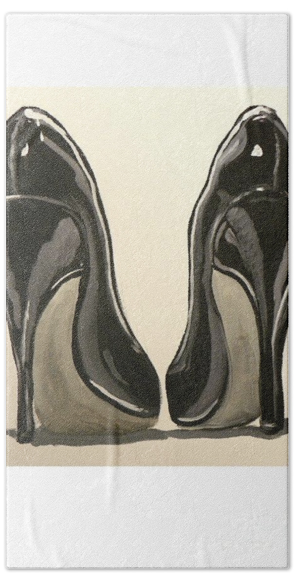 Black Hand Towel featuring the painting Black Pumps by Marisela Mungia