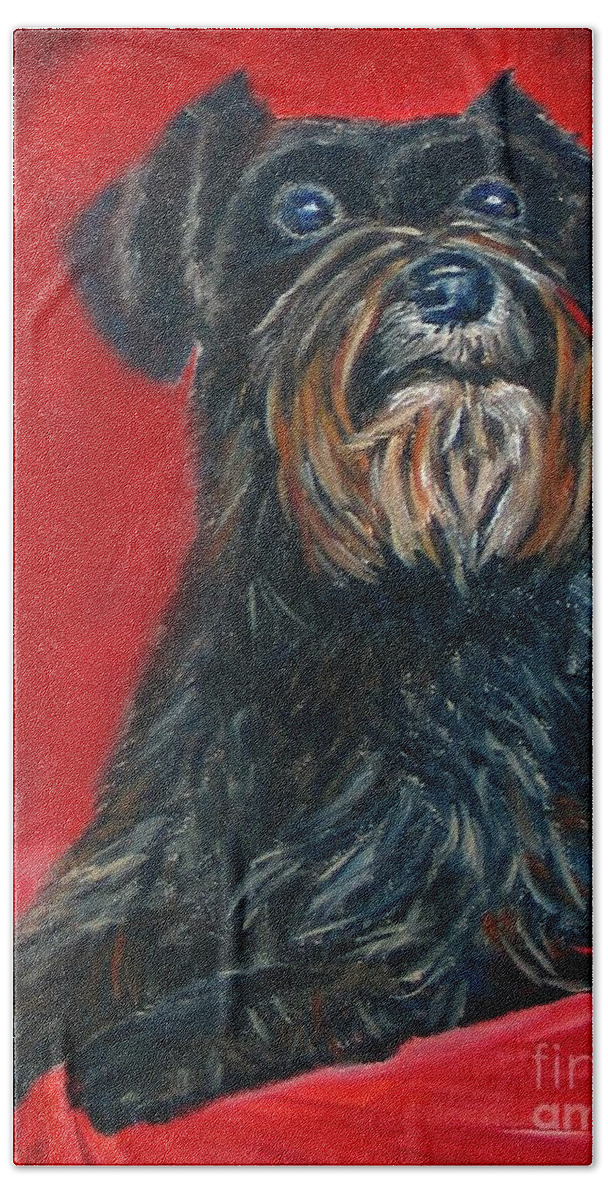 Art Bath Towel featuring the painting Black Schnauzer Pet Portrait Prints by Shelia Kempf