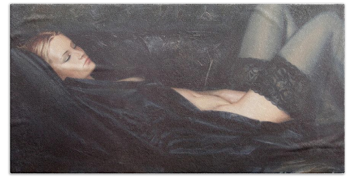 Ignatenko Bath Towel featuring the painting Black Silk by Sergey Ignatenko