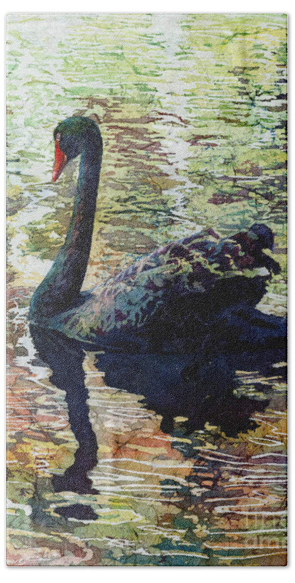 Black Swan Hand Towel featuring the painting Black Swan by Hailey E Herrera