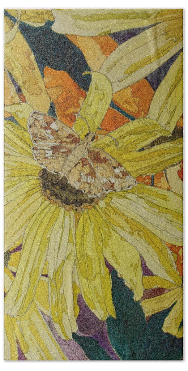 Blackeyed Susan Bath Towel featuring the mixed media Blackeyed Susans and Butterfly by Terry Holliday