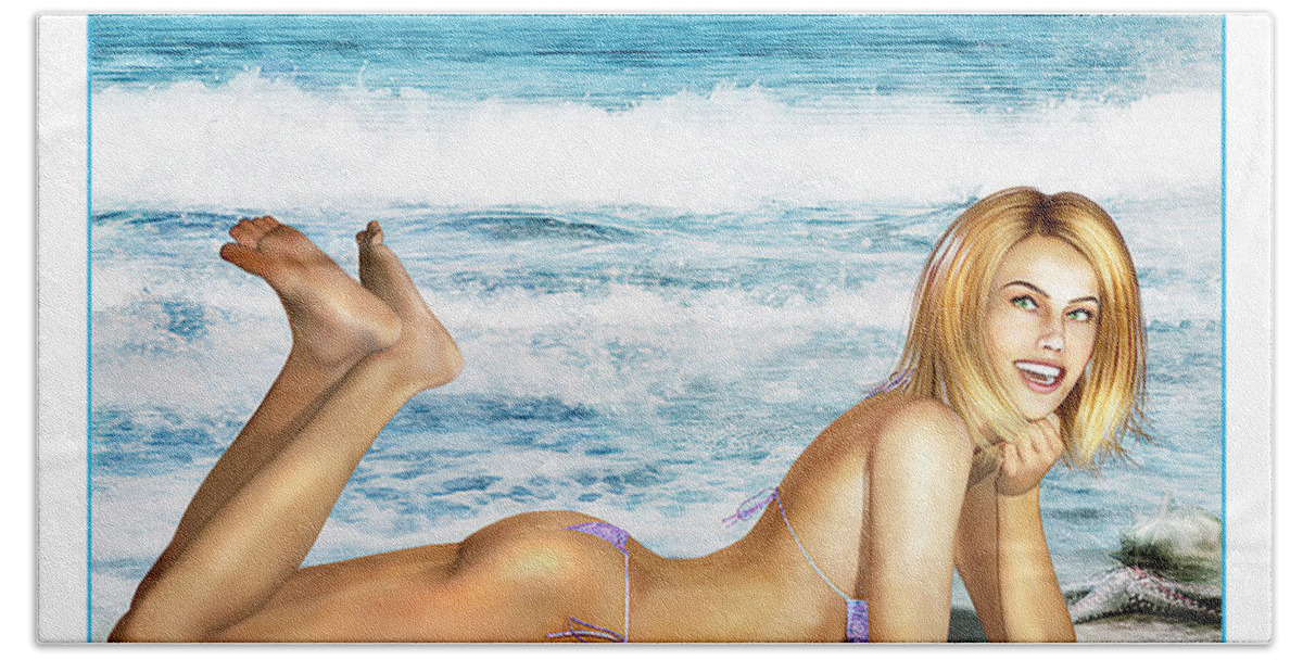 Pin-up Bath Towel featuring the mixed media Blonde on Beach by Alicia Hollinger