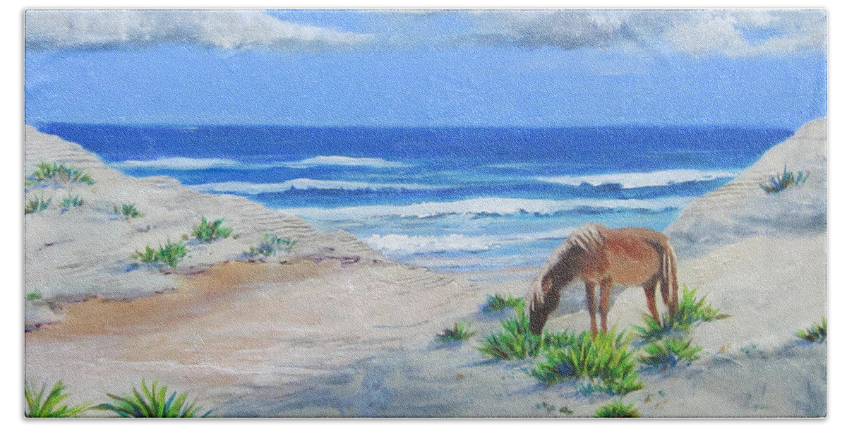 Horse Bath Towel featuring the painting Blonde On The Beach by Anne Marie Brown