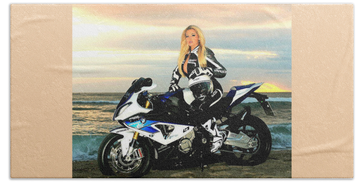 Motorcycle Bath Towel featuring the photograph Blonde on the beach by Lawrence Christopher