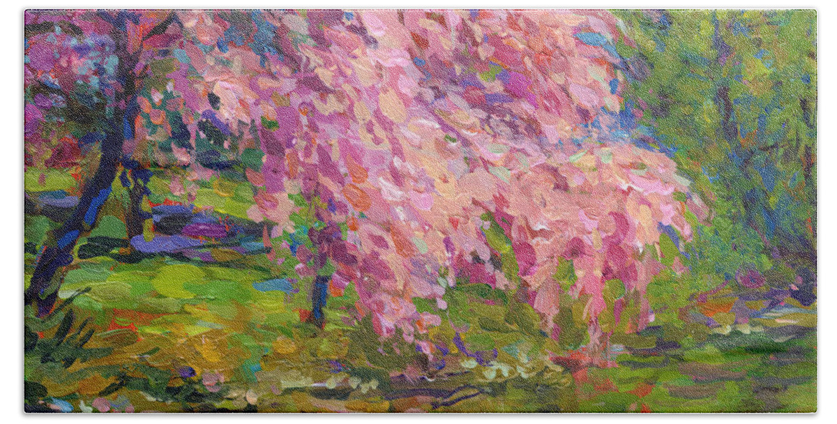 Blossoming Tree Painting Bath Towel featuring the painting Blossoming trees landscape by Svetlana Novikova