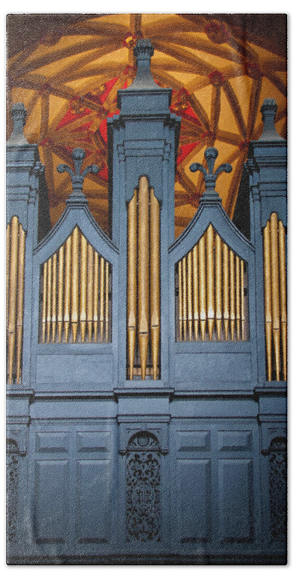 Pipe Organ Hand Towel featuring the photograph Blue and gold music by Jenny Setchell
