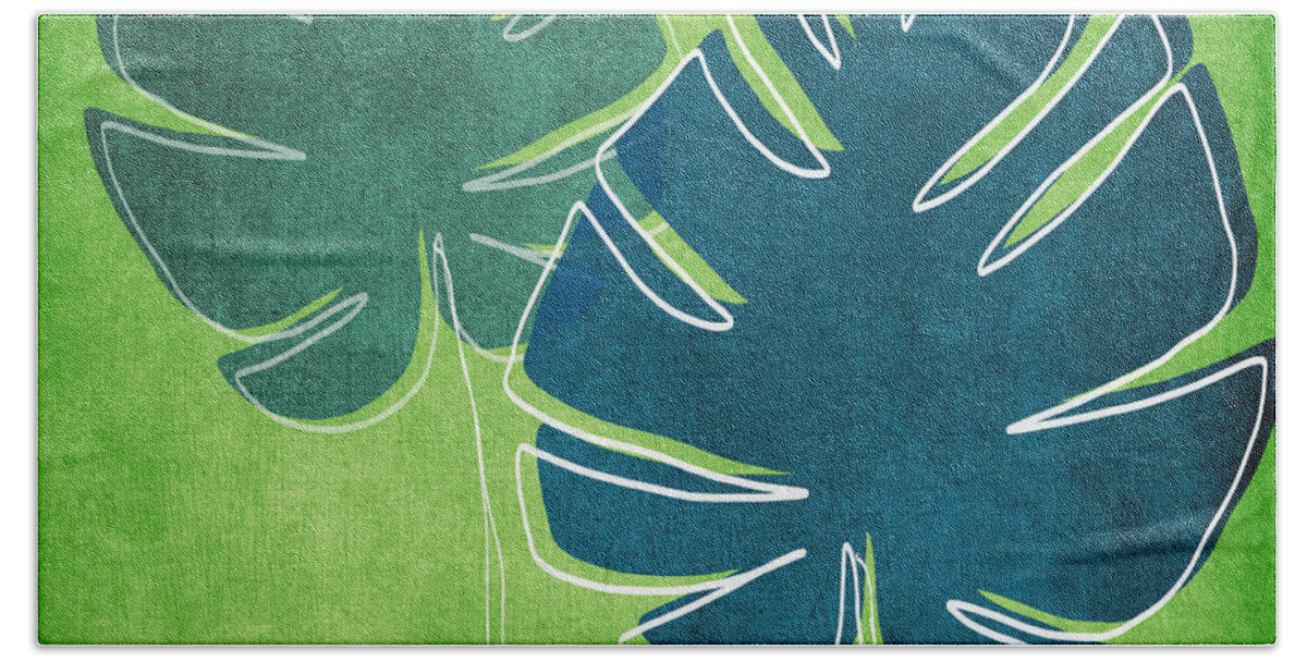 Palm Tree Hand Towel featuring the painting Blue and Green Palm Leaves by Linda Woods