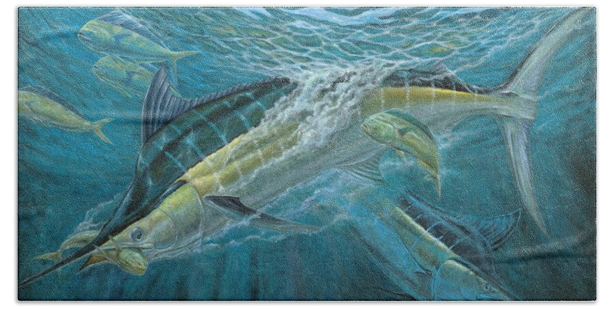 Blue Marlin Hand Towel featuring the painting Blue And Mahi Mahi Underwater by Terry Fox