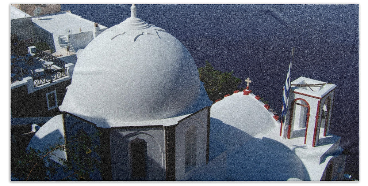 Santorini Oia Church Greece Greek Islands Cyclades Stucco Dome Cross Bath Towel featuring the photograph Blue and White by Brenda Salamone