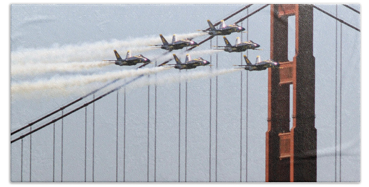 Blue Angels Hand Towel featuring the photograph Blue Angels and the Bridge by Bill Gallagher