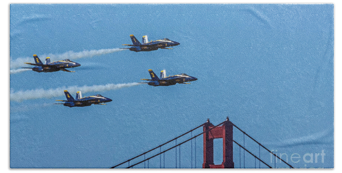 Air Show Bath Towel featuring the photograph Blue Angels over the Golden Gate by Kate Brown