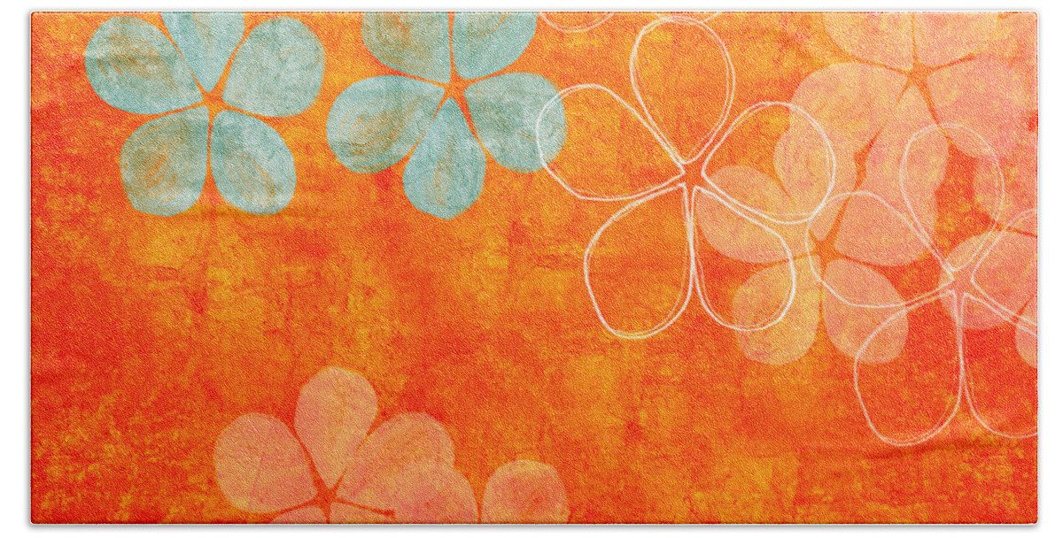 Abstract Hand Towel featuring the painting Blue Blossom on Orange by Linda Woods