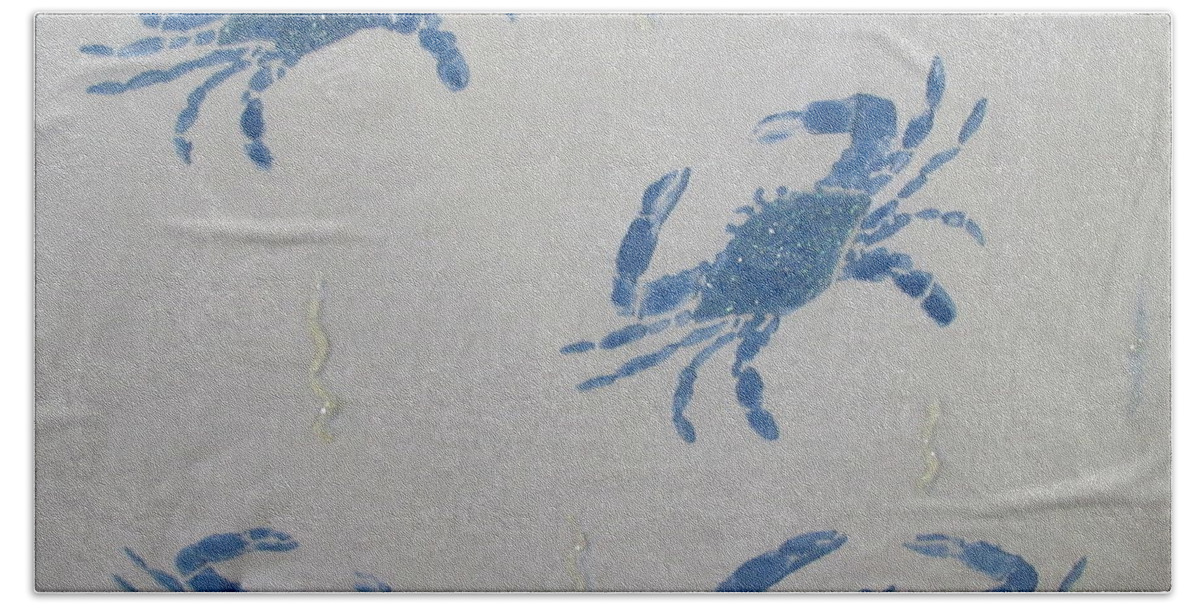 Crab Bath Towel featuring the painting Blue Crabs on Sand by Ashley Goforth