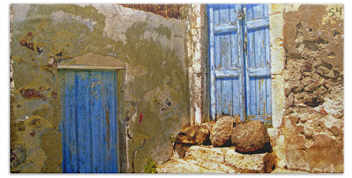 Greece Bath Towel featuring the photograph Blue Doors Of Santorini by Madeline Ellis