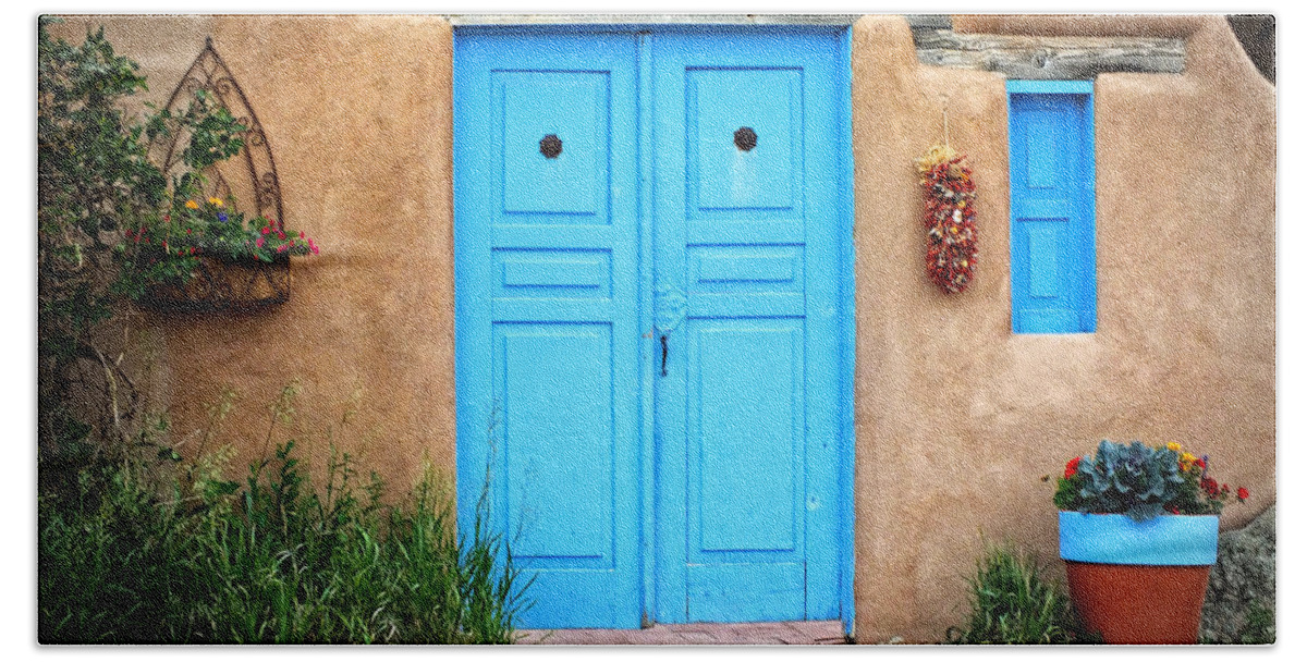 Lucinda Walter Hand Towel featuring the photograph Blue Doors of Taos by Lucinda Walter