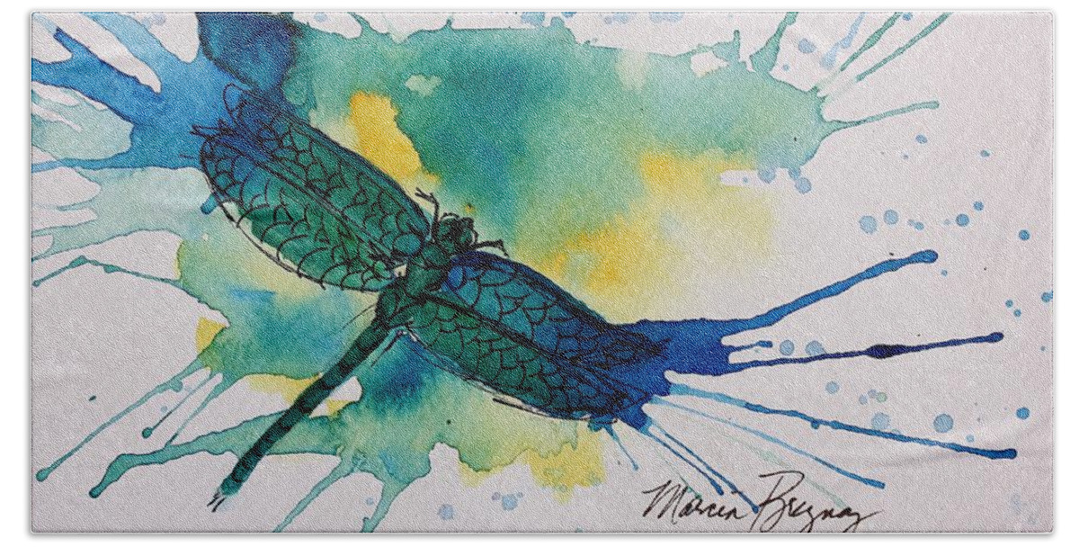 Dragonfly Hand Towel featuring the painting Blue Dragonfly by Marcia Breznay