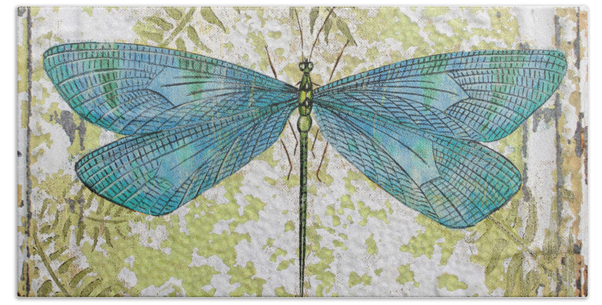 Acrylic Painting Bath Towel featuring the painting Blue Dragonfly on Vintage Tin by Jean Plout
