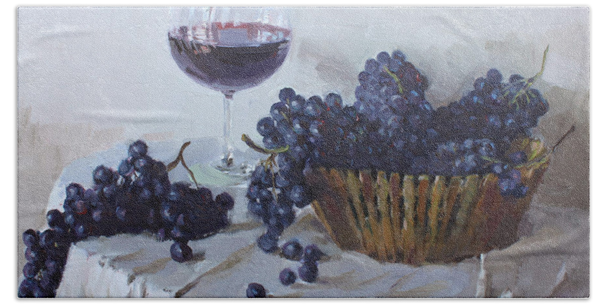 Blue Grapes Hand Towel featuring the painting Blue Grapes and Wine by Ylli Haruni