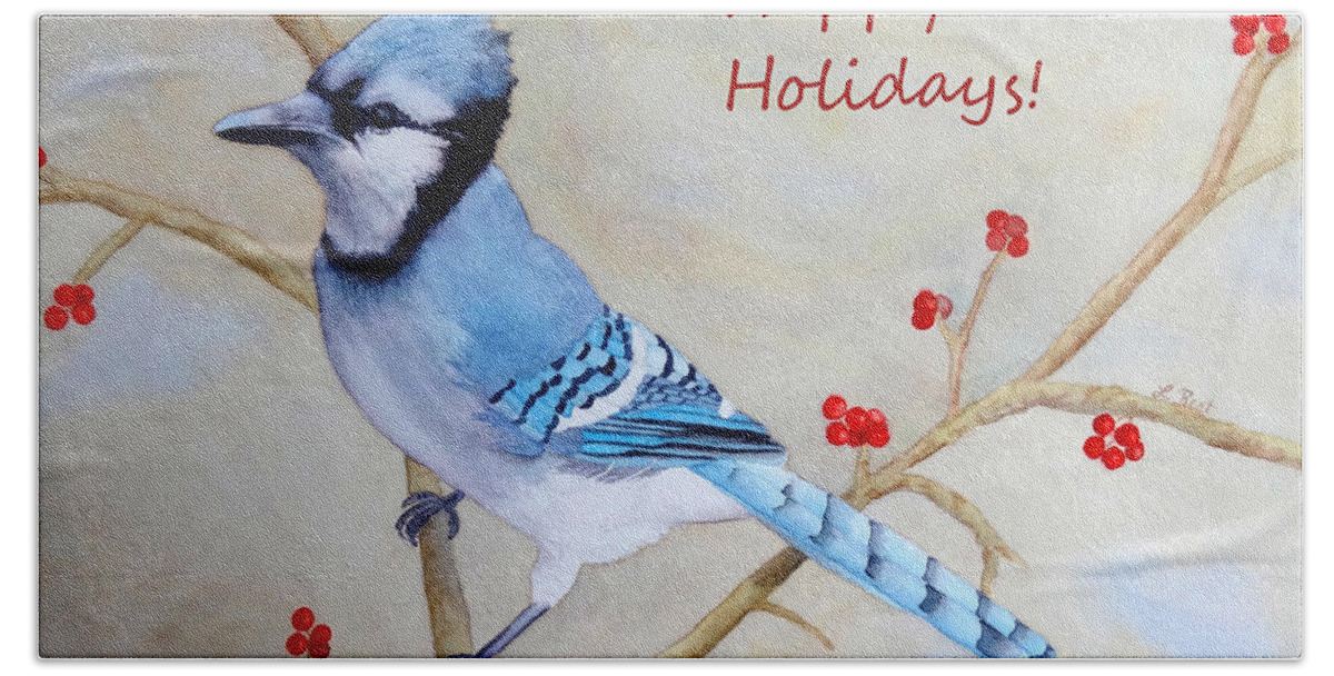Blue Jay Bath Towel featuring the painting Blue Jay Happy Holidays by Laurel Best