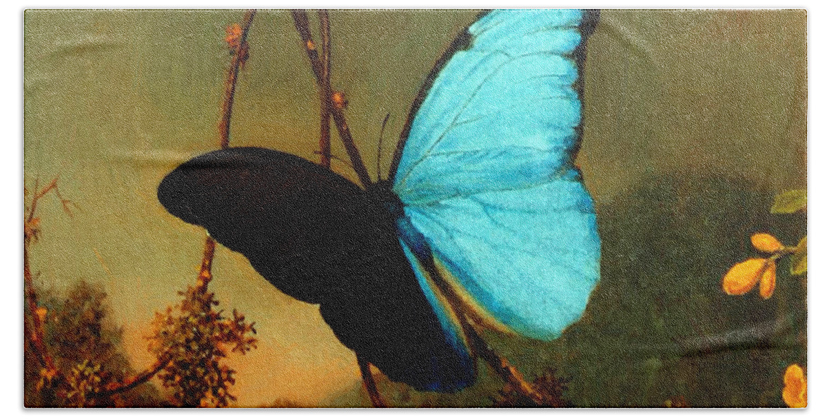 Martin Johnson Heade Bath Towel featuring the painting Blue Morpho Butterfly by Martin Johnson Heade